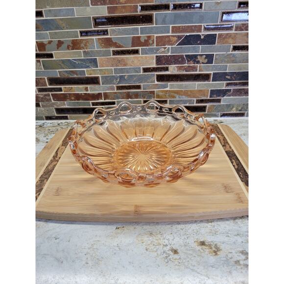 Vintage Pink Depression Glass Bowl, Open Lace Edge, Large Console Dish - Picture 5 of 8